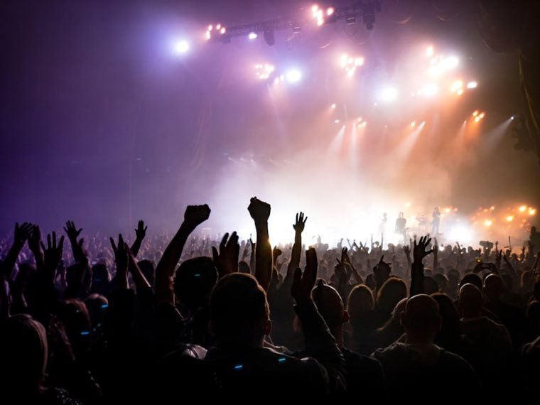 Hands raised in a warm lit rock concert crowd